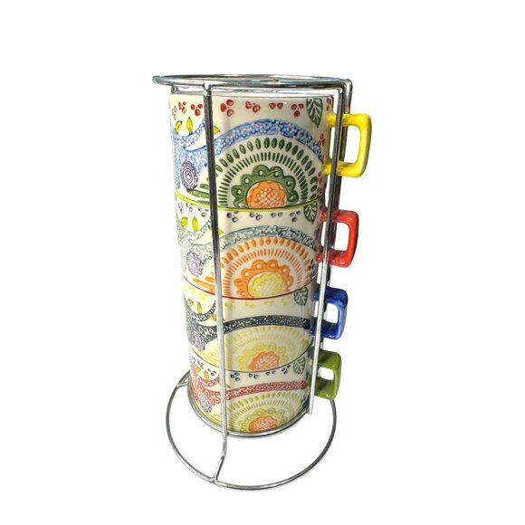 Pier 1 Imports Colorful Ceramic Stackable Coffee Mug Set With Metal Stand - Picture 2 of 7